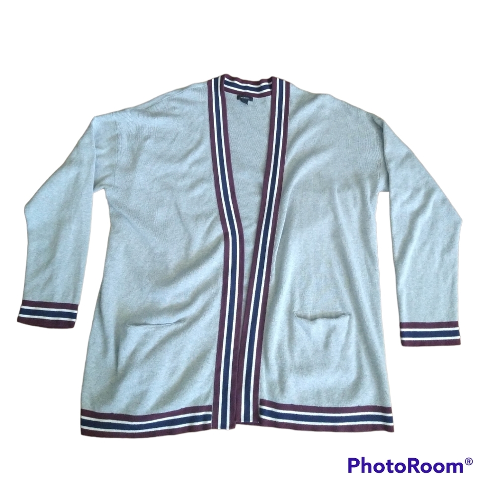 Halogen Gray Tri Stripe Border Open Front Cardiga… - image 2